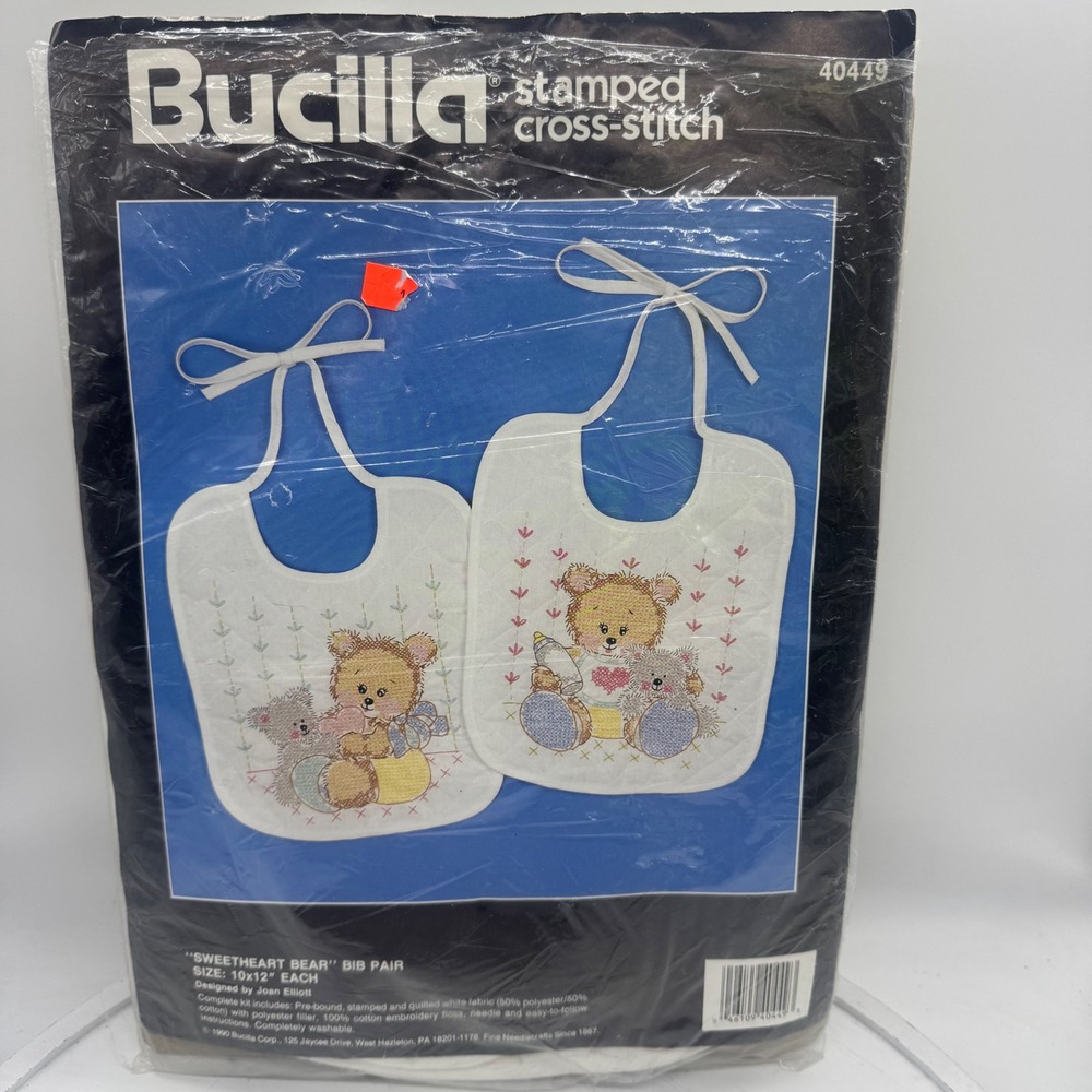 Vtg Bucilla Sweetheart Bear Stamped Cross Stitch Bib Pair Kit 40449 Joan Elliott